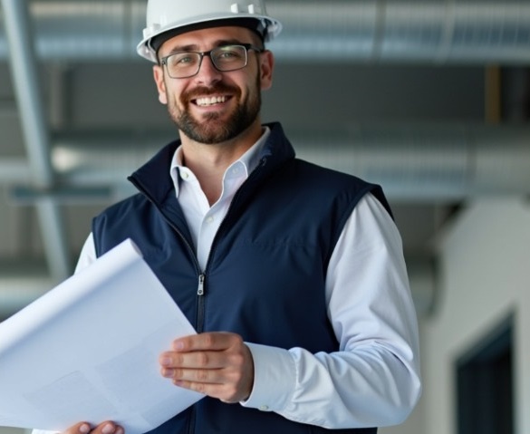 A smiling construction manager in a white hard hat holding blueprints.